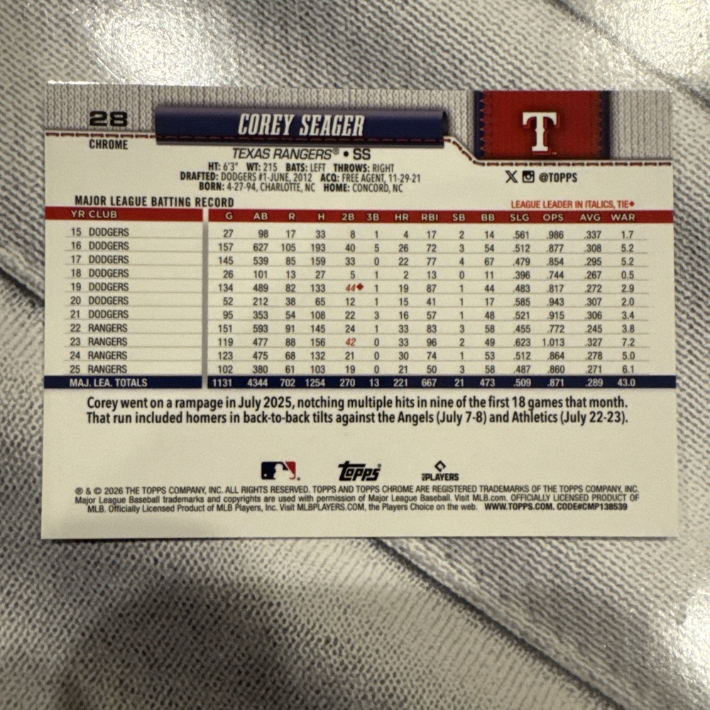 2026 Topps Chrome Corey Seager #28 Red White & Blue Refractor Rangers - Picture 2 of 2